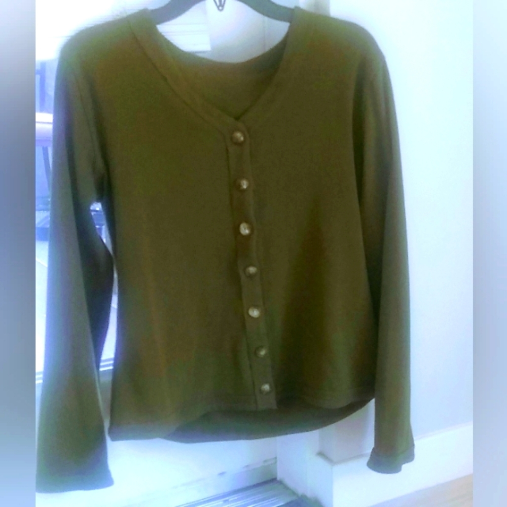 Women's Button Down V- Neck Sweater Long Sleeved Shirt Forest Green Size XL